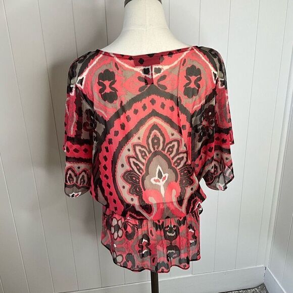 INC International Womens Medium Sheer Blouse Orange Brown Elastic Waist - Picture 8 of 14